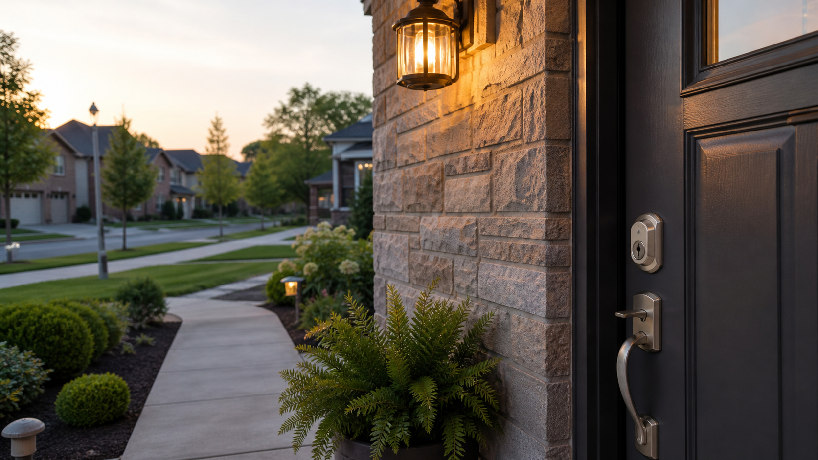 Secure Niagara Region home with deadbolt and exterior lighting while homeowners are on vacation