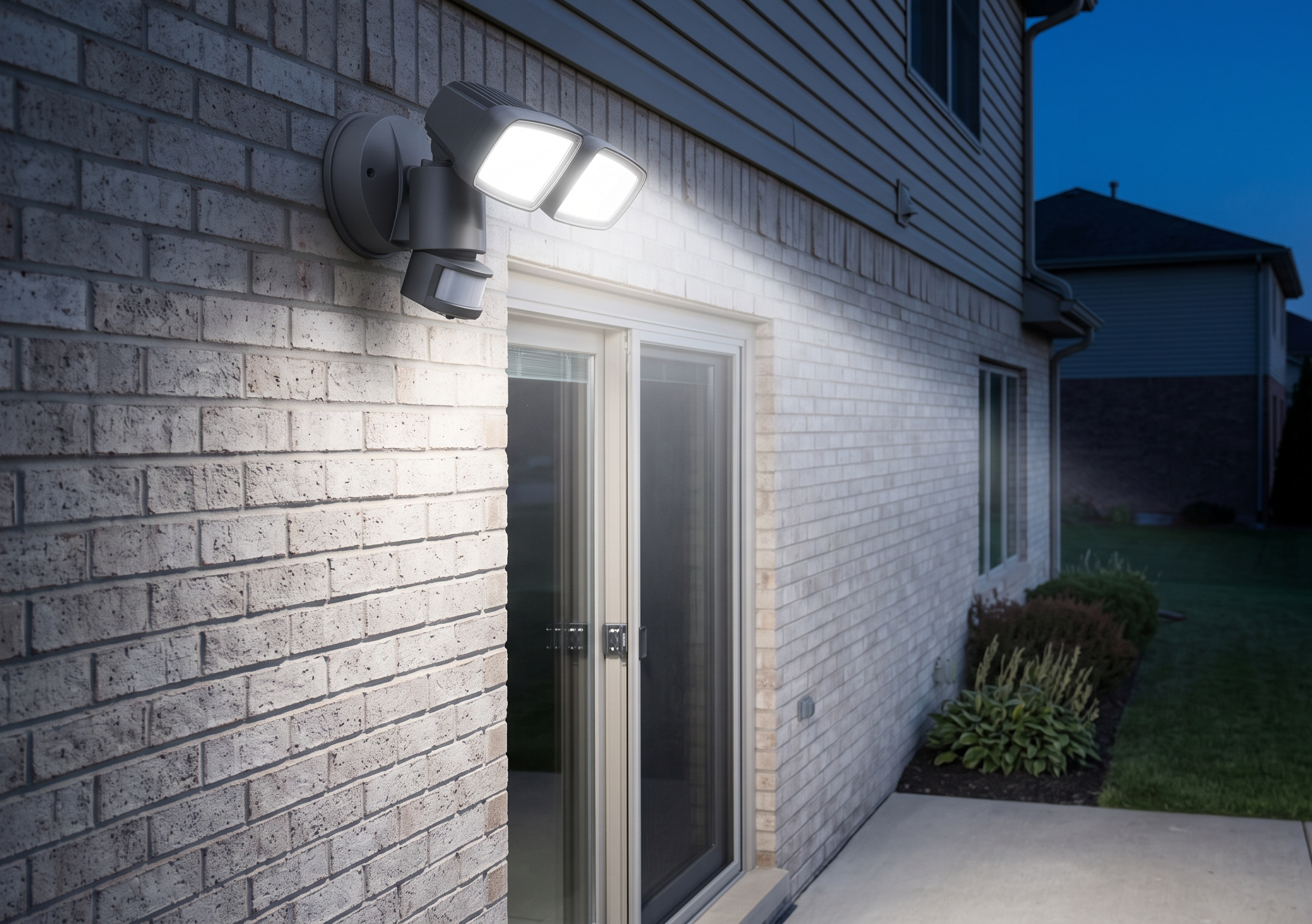 Motion-activated exterior security lighting illuminating a rear entrance door