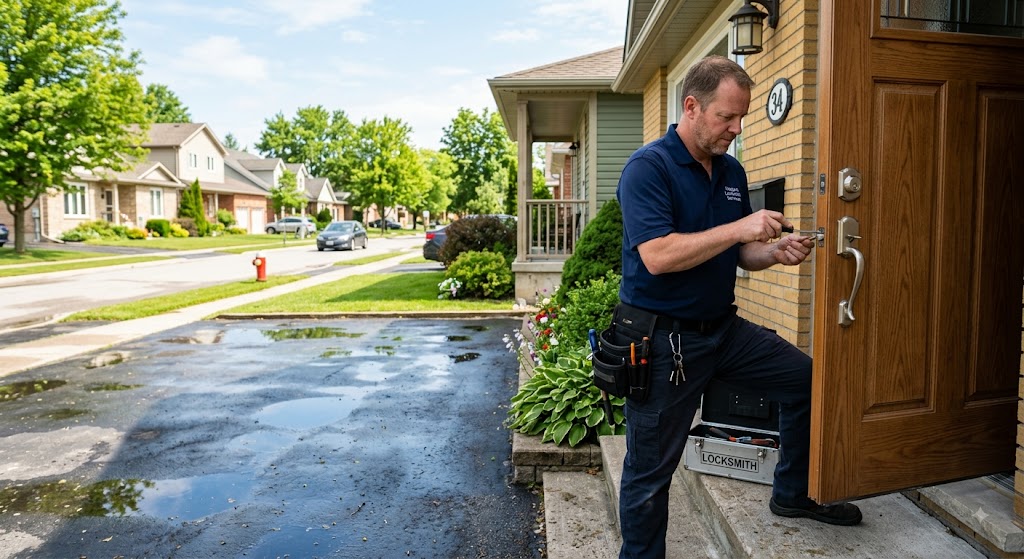 Locksmith maintaining door hardware weather Niagara protection for entry door lock