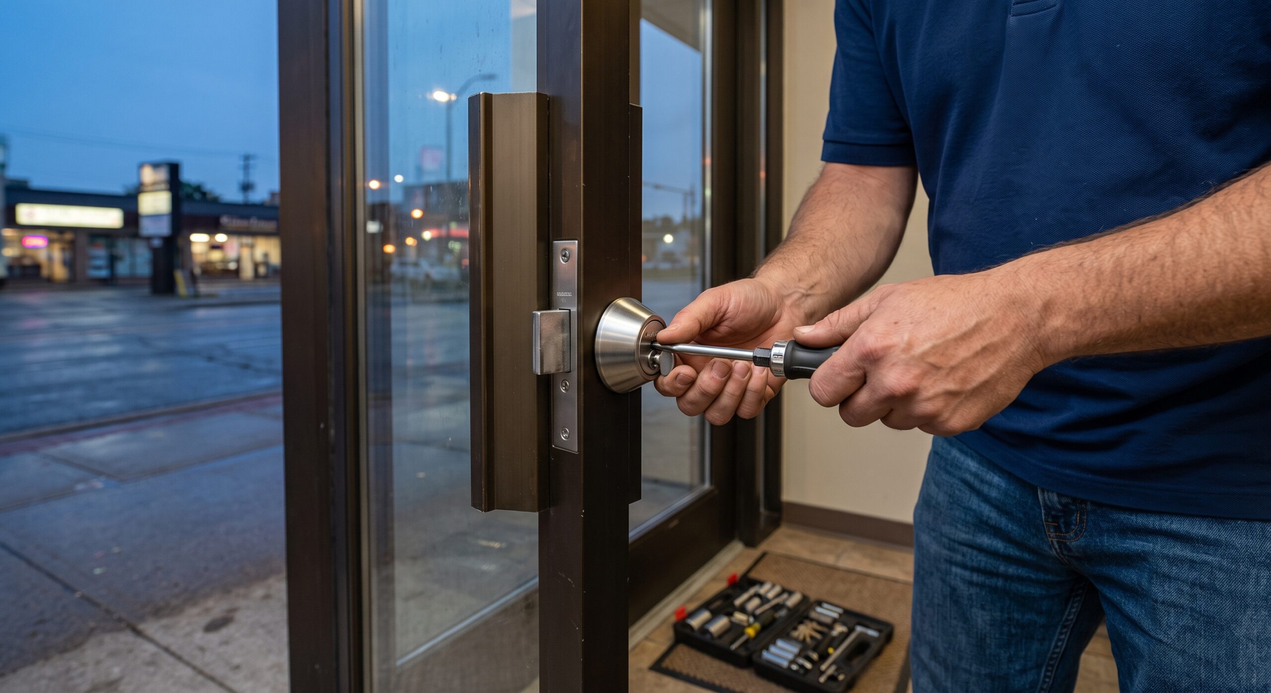 commercial-lock-systems-niagara-storefront-installation Professional locksmith hands installing commercial lock systems Niagara storefront deadbolt